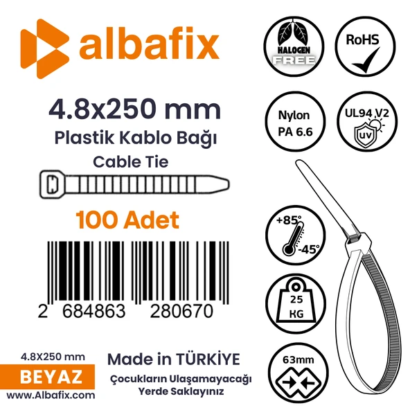 4.8x250 mm Beyaz Plastik Kablo Bağı Klipsi Cırt Kelepçe 100 Adet