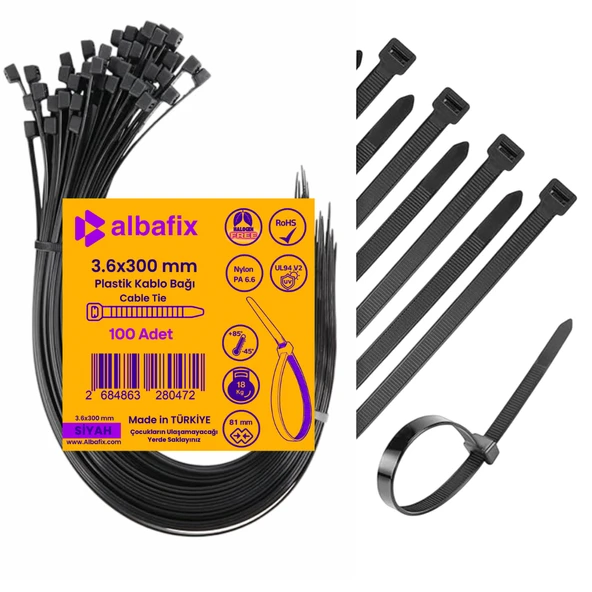 3.6x300 mm Siyah Plastik Kablo Bağı Klipsi Cırt Kelepçe 100 Adet