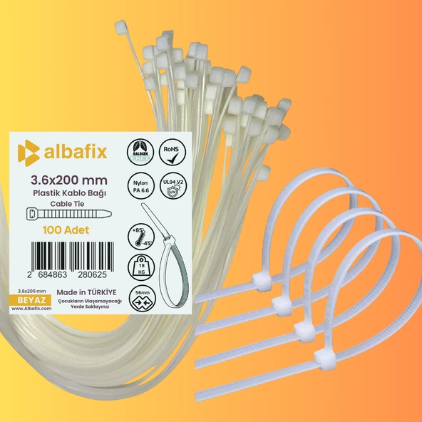 3.6x200 mm Beyaz Plastik Kablo Bağı Klipsi Cırt Kelepçe 100 Adet