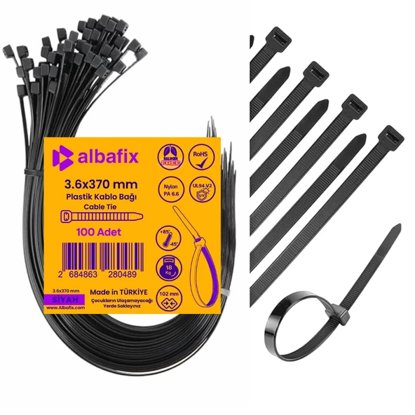 3.6x370 mm Siyah Plastik Kablo Bağı Klipsi Cırt Kelepçe 100 Adet