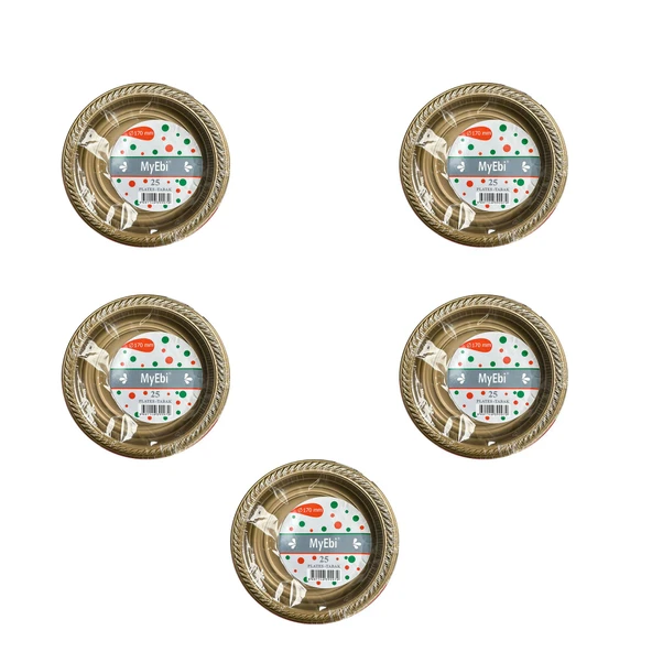 My-Ebi Altın Renkli Parti Davet Plastik Tabak - 17 Cm. - 25 Adetlik 5 Paket