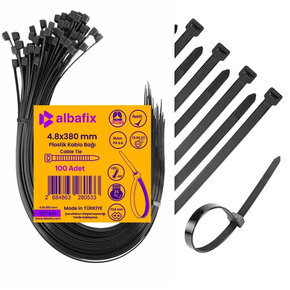 4.8x380 mm Siyah Plastik Kablo Bağı Klipsi Cırt Kelepçe 100 Adet