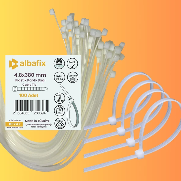4.8x380 mm Beyaz Plastik Kablo Bağı Klipsi Cırt Kelepçe 100 Adet