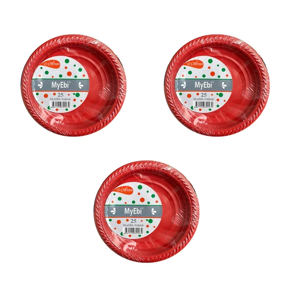 My-Ebi Kırmızı Renkli Parti Davet Plastik Tabak - 17 Cm. - 25 Adetlik 3 Paket ürün görseli