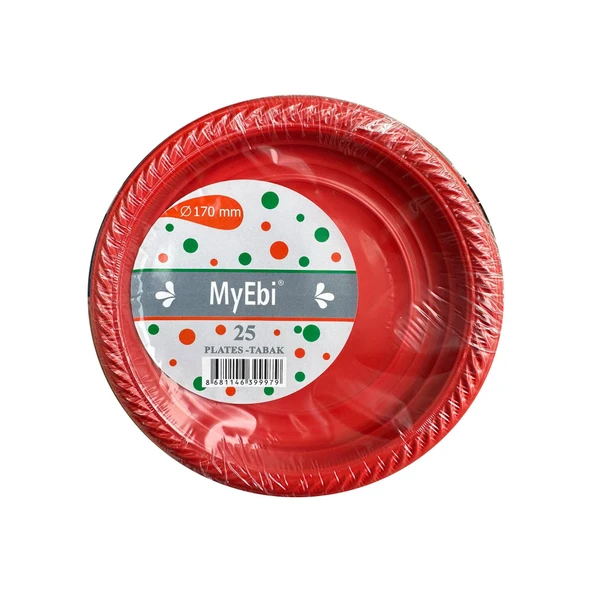 My-Ebi Kırmızı Renkli Parti Davet Plastik Tabak - 17 Cm. - 25 Adetlik Paket