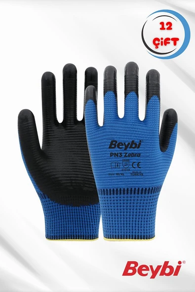 PN3 Zebra Nitril Kaplı Polyester Eldiven Mavi (12 çift )