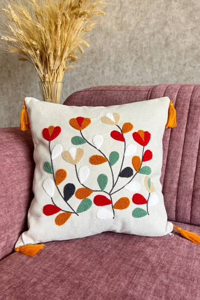 Keten Kumaş Nakışlı Püsküllü Kırlent Kılıfı Punch Renkli Sarmaşık