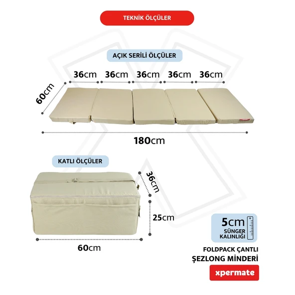 XPERMATE Katlanır Şezlong Minderi Fermuarlı Çantalı Cepli FoldPack 30x60x25cm Bej - Resim 2
