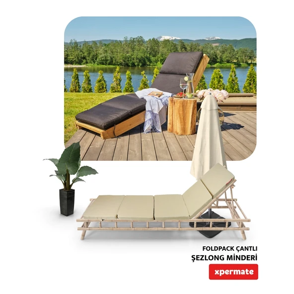 XPERMATE Katlanır Şezlong Minderi Fermuarlı Çantalı Cepli FoldPack 30x60x25cm Bej - Resim 5