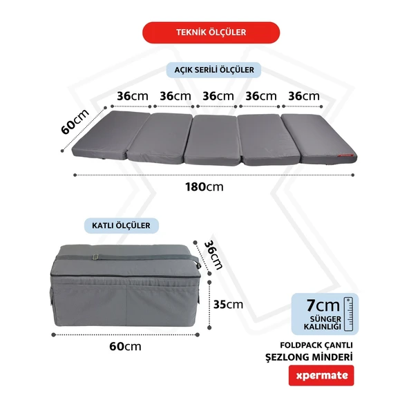 XPERMATE Katlanır Şezlong Minderi Fermuarlı Çantalı Cepli FoldPack 30x60x35cm Antrasit - Resim 2