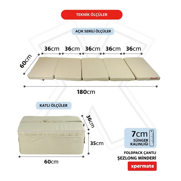XPERMATE Katlanır Şezlong Minderi Fermuarlı Çantalı Cepli FoldPack 30x60x35cm Bej - Resim 2