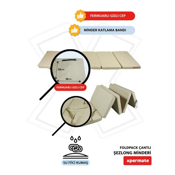 XPERMATE Katlanır Şezlong Minderi Fermuarlı Çantalı Cepli FoldPack 30x60x35cm Bej - Resim 3