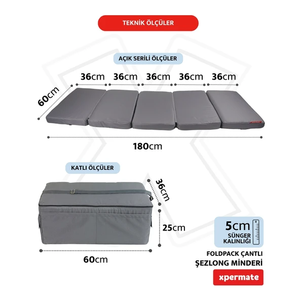 XPERMATE Katlanır Şezlong Minderi Fermuarlı Çantalı Cepli FoldPack 30x60x25cm Antrasit - 2