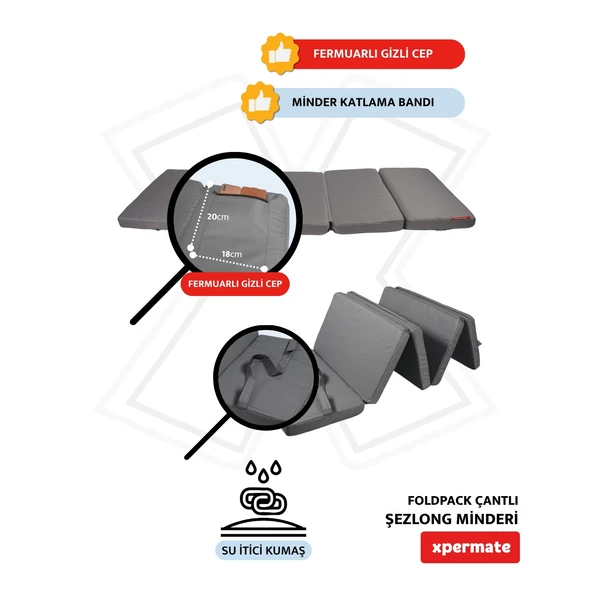 XPERMATE Katlanır Şezlong Minderi Fermuarlı Çantalı Cepli FoldPack 30x60x25cm Antrasit - 3