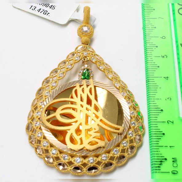 14 Ayar Ayna Tasarım Taşlı Tuğralı Kolye Ucu - Resim 2