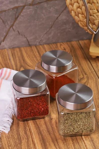 Metal Kapaklı 3'lü Borosilikat Cam Kavanoz Baharatlık 570 ml - 2