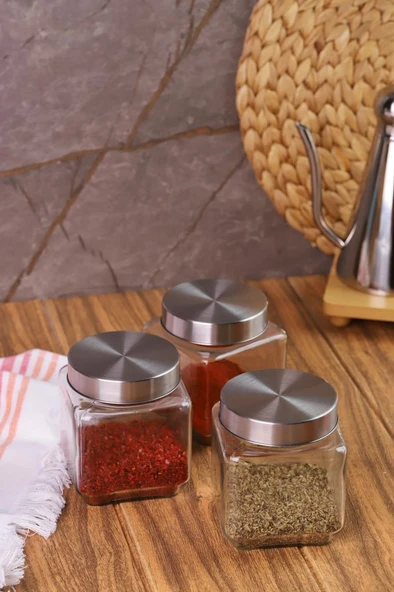 Metal Kapaklı 3'lü Borosilikat Cam Kavanoz Baharatlık 570 ml - 3
