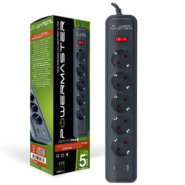 POWERMASTER PM-17565 10 AMPER - 2500 WATT - 175 JOULE 5'Lİ 2 METRE KABLOLU 2 USB'Lİ AKIM KORUMALI PRİZ