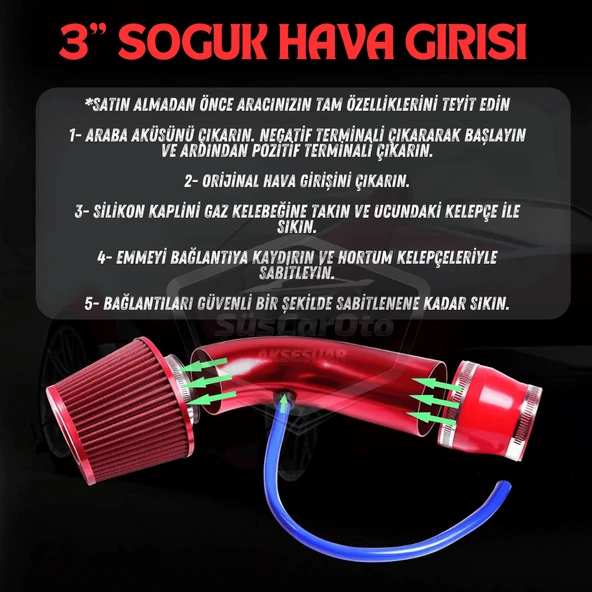 Universal Ses & Performans Arttırıcı Açık Hava Filtre Kiti Set Alüminyum Alaşımlı Krom Bigtube +6 Hp 65-75 mm Kırmızı - 6