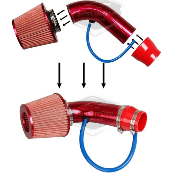 Universal Ses & Performans Arttırıcı Açık Hava Filtre Kiti Set Alüminyum Alaşımlı Krom Bigtube +6 Hp 65-75 mm Kırmızı - 9