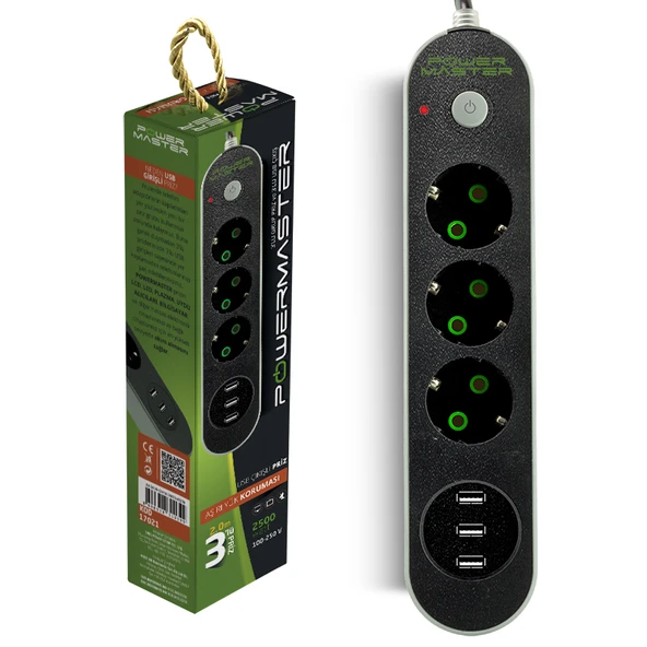 PM-17021 3 USB ÇIKIŞLI 3'LÜ 2 METRE KABLOLU AKIM KORUMALI PRİZ 10A-2500 WATT