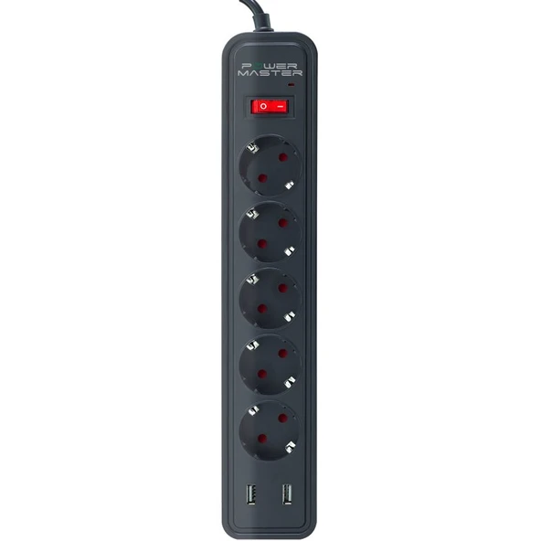 POWERMASTER PM-17565 10 AMPER - 2500 WATT - 175 JOULE 5'Lİ 2 METRE KABLOLU 2 USB'Lİ AKIM KORUMALI PRİZ - 2