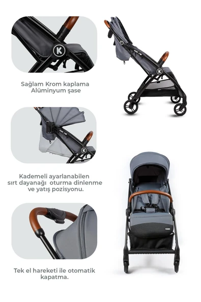 Kanz Xflop Autofold Kabin Boy Bebek Arabası Dark Grey - 7
