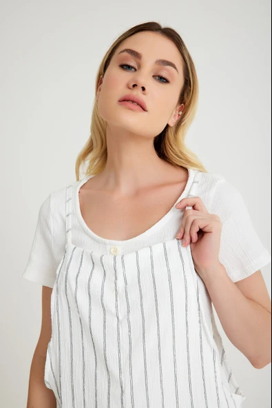 Günlük Askılı Bol Kesim Yazlık Kadın Desenli Beyaz Tulum - Resim 6