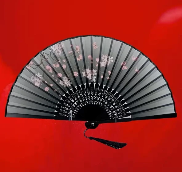 Beluga Yelpaze Bambu Kumaş Serinletici Vintage Gri  Şık Dekorasyon Püsküllü Japon Yelpaze 0204