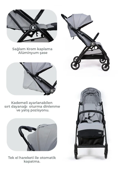 Kanz Xflop Autofold Kabin Boy Bebek Arabası Ultimate Grey - 7
