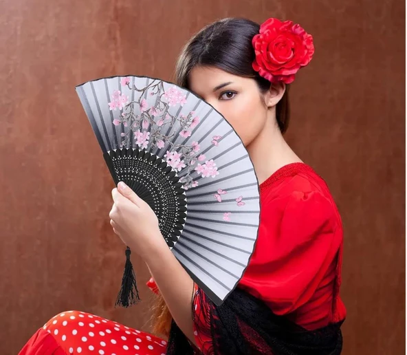 Beluga Yelpaze Bambu Kumaş Serinletici Vintage Gri Şık Dekorasyon Püsküllü Japon Yelpaze 0204 - 2