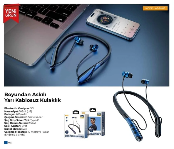 PDAteknoloji AZ-BN05 Boyun Askılı Bluetooth Kulaklık (400mah, 60 saat bekleme) - Resim 6
