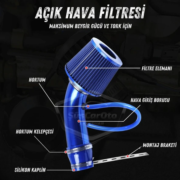 Universal Ses & Performans Arttırıcı Açık Hava Filtre Kiti Set Alüminyum Alaşımlı Krom Bigtube +6 Hp 65-75 mm Mavi - 4