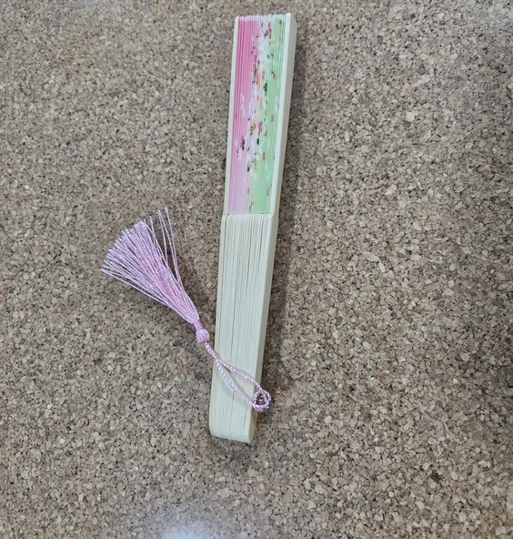 Beluga Yelpaze Bambu Kumaş Serinletici Vintage Şık Dekorasyon Pembe/Yeşil Püsküllü Japon Yelpaze 0280 - 3