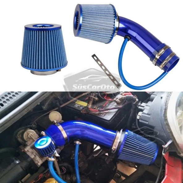 Universal Ses & Performans Arttırıcı Açık Hava Filtre Kiti Set Alüminyum Alaşımlı Krom Bigtube +6 Hp 65-75 mm Mavi - 10