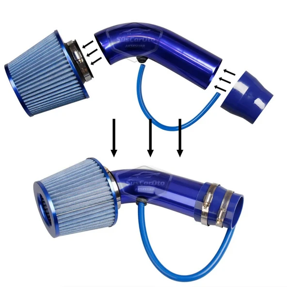 Universal Ses & Performans Arttırıcı Açık Hava Filtre Kiti Set Alüminyum Alaşımlı Krom Bigtube +6 Hp 65-75 mm Mavi - 9