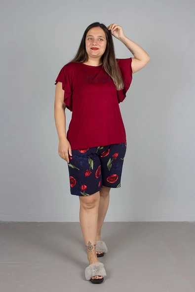Büyük Bedn Kol Volanlı Şortlu Pijama Takım