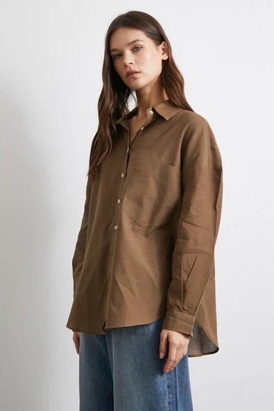 Cepli Oversize Keten Gömlek Kahve - Resim 2