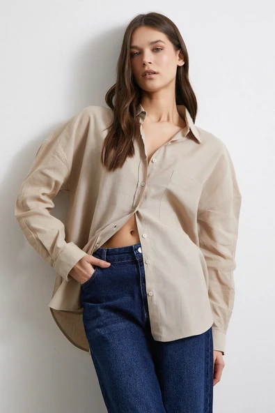 Cepli Oversize Keten Gömlek Bej - Resim 2