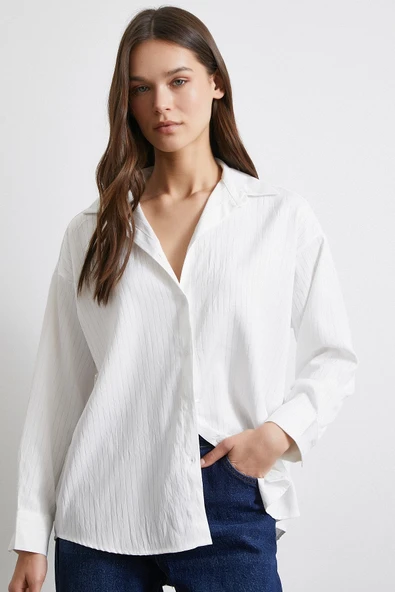 Diagonal Desen Gömlek Beyaz - Resim 4