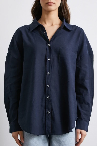 Cepli Oversize Keten Gömlek Lacivert - Resim 5