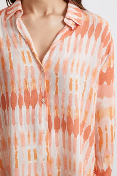 V Yaka Viskon Maroken Gömlek Oranj - Resim 5