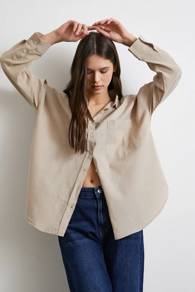 Cepli Oversize Keten Gömlek Bej ürün görseli