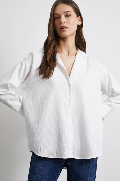 Diagonal Desen Gömlek Beyaz - Resim 3