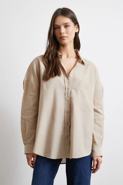 Cepli Oversize Keten Gömlek Bej - Resim 4