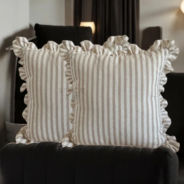 2'li Fırfırlı Çizgili Keten Kırlent Kılıfı, Sütlü Kahve Çizgili