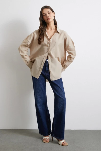 Cepli Oversize Keten Gömlek Bej - Resim 5