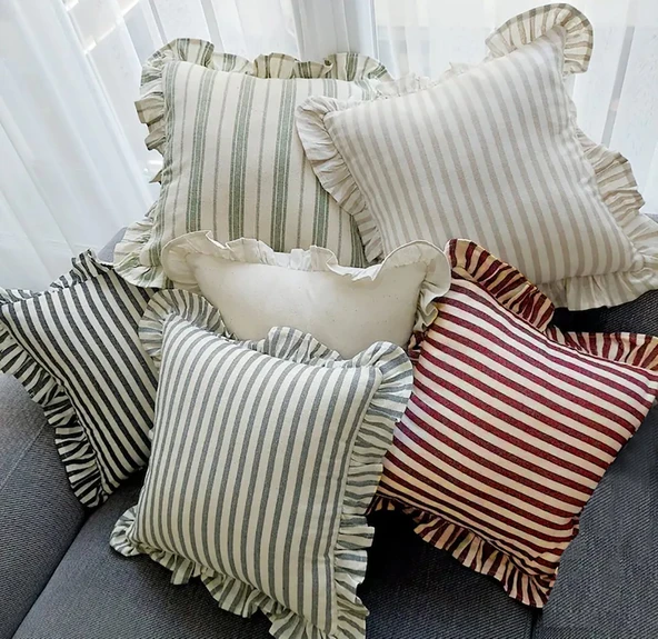 2'li Fırfırlı Çizgili Keten Kırlent Kılıfı, Sütlü Kahve Çizgili - 4