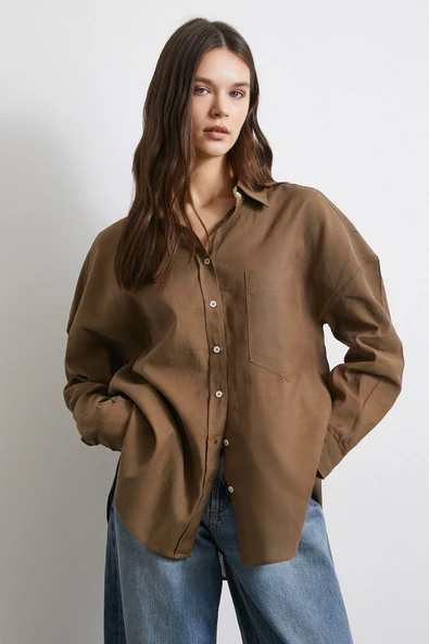 Cepli Oversize Keten Gömlek Kahve - Resim 4