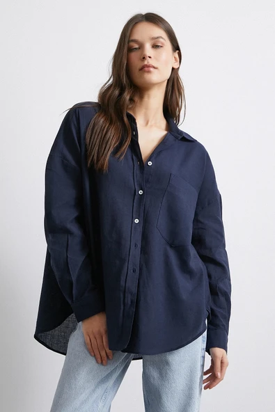 Cepli Oversize Keten Gömlek Lacivert - Resim 4